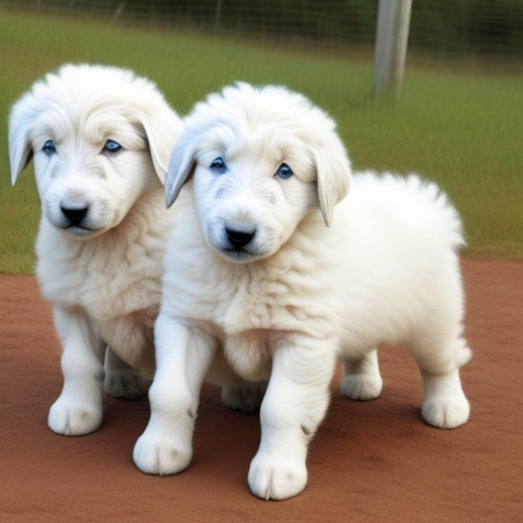 2 maremma sheepdog standing on a pathway