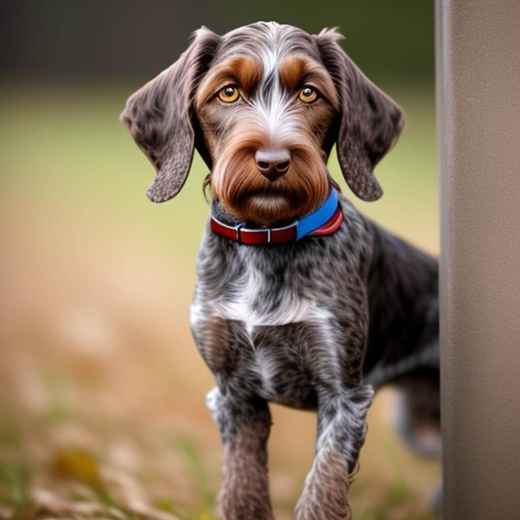 pointer wirehaired dog standing behind a pole 