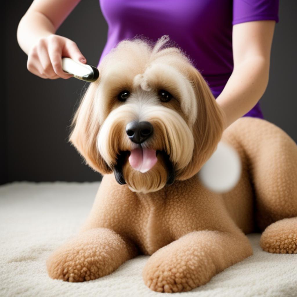 Professional Groomer brushing the hair of wheaten dog