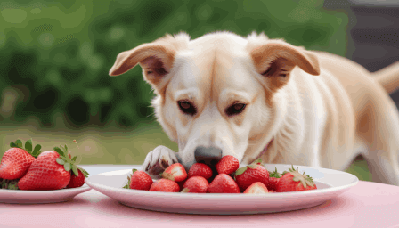 Tan dog eating strawberries from plate