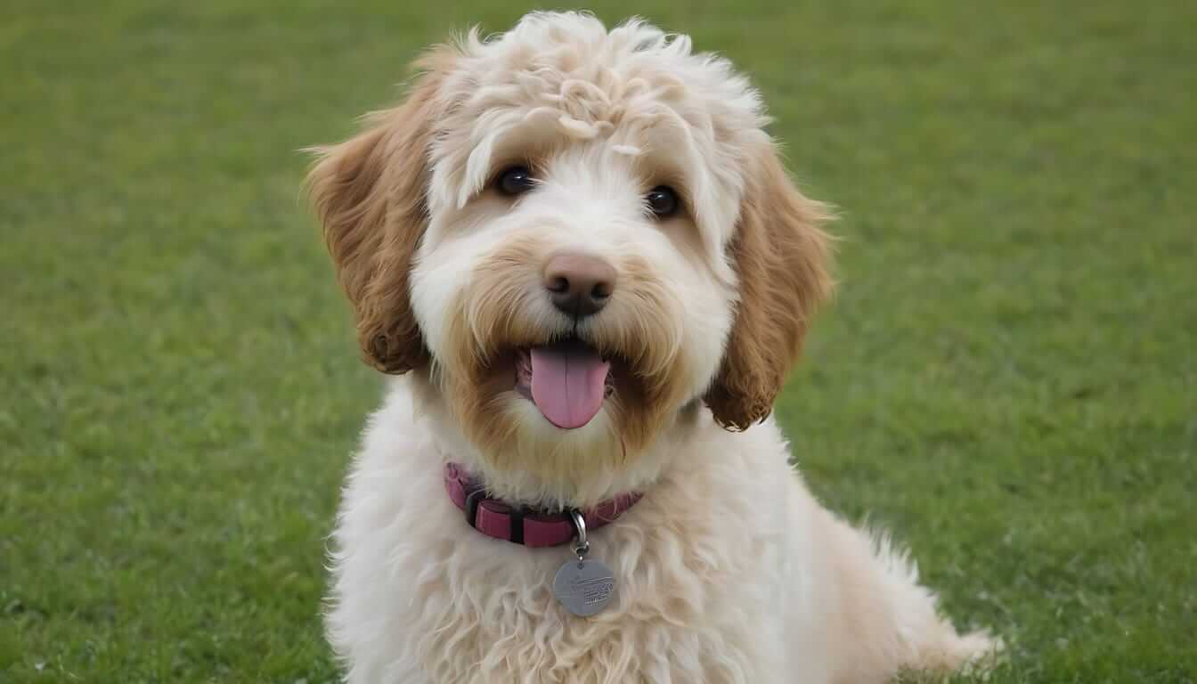 White and golden Australian doodle dog