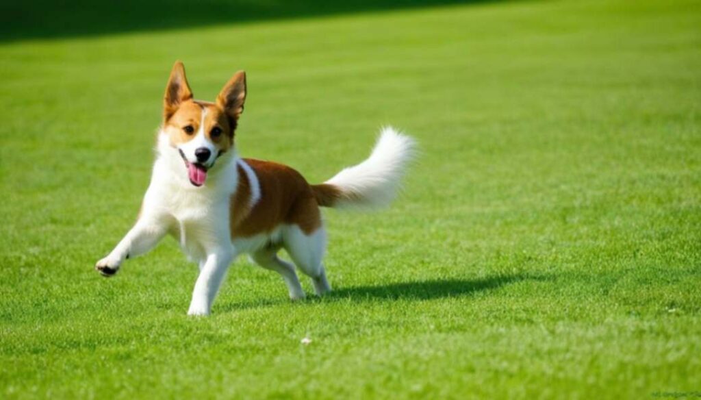 a cute dog playing on grass 