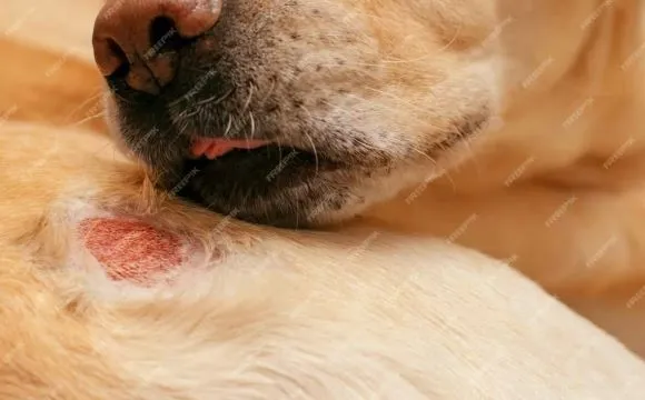 sick dog with hotspots on his body