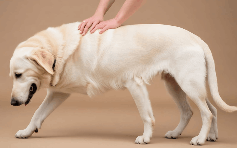 women pressing dog's back